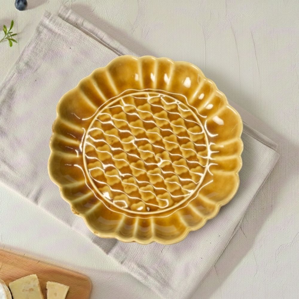 mustard ceramic snack plate octagonal shape with textured glazed finish for serving snacks and appetizers